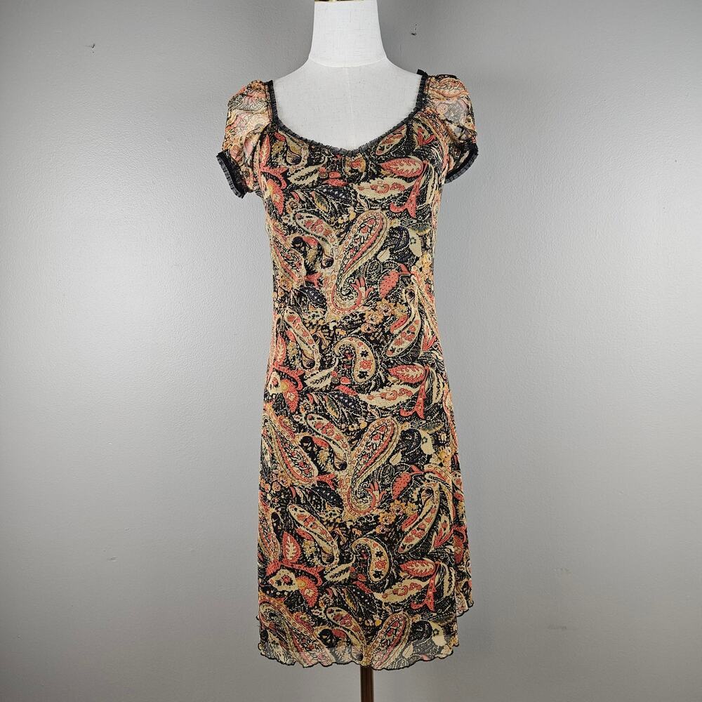 Fairy Grunge  90s y2k Paisley Mesh Midi Dress Lace Trim Whimsygoth Boho